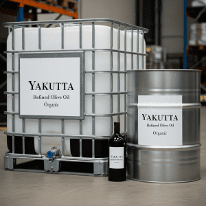 A close-up shot of a white industrial bulk container (IBC) and a metal drum, both clearly labeled "YAKUTTA Refined Olive Oil Organic." A dark glass bottle is partially visible between the two larger containers. This image emphasizes the industrial packaging of Yakutta Refined Olive Oil.