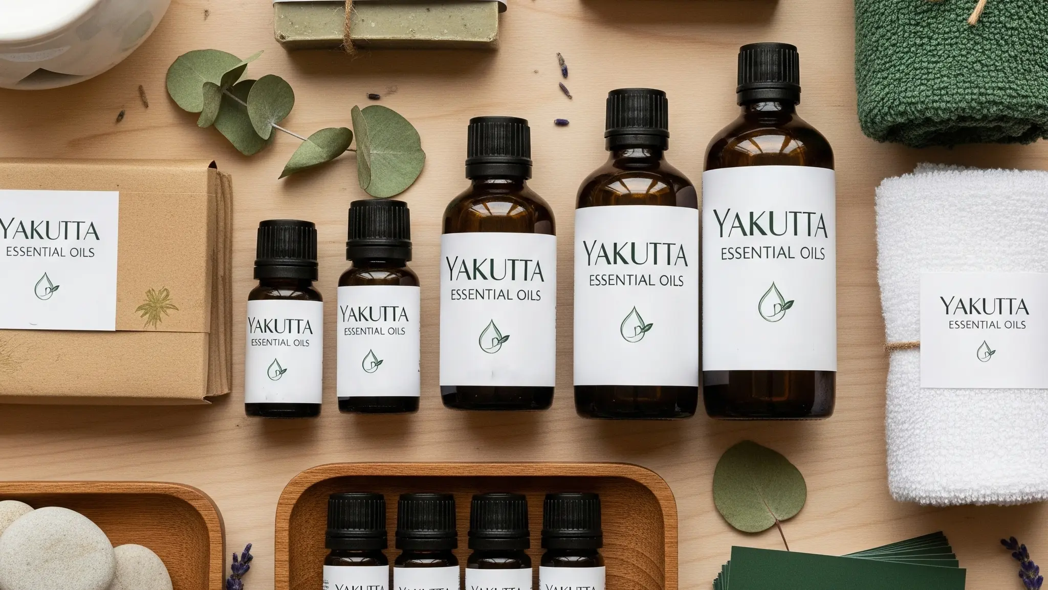 Vista desde arriba de una colección de productos Yakutta Essential Oils. Hay varios frascos de vidrio ámbar de distintos tamaños con la etiqueta "YAKUTTA ESSENTIAL OILS" y el logotipo de una hoja y una gota. También se ve una caja de cartón con la marca, toallas blancas y verdes enrolladas, hojas de eucalipto y pequeños cuencos de madera, todo dispuesto sobre una superficie de madera clara.