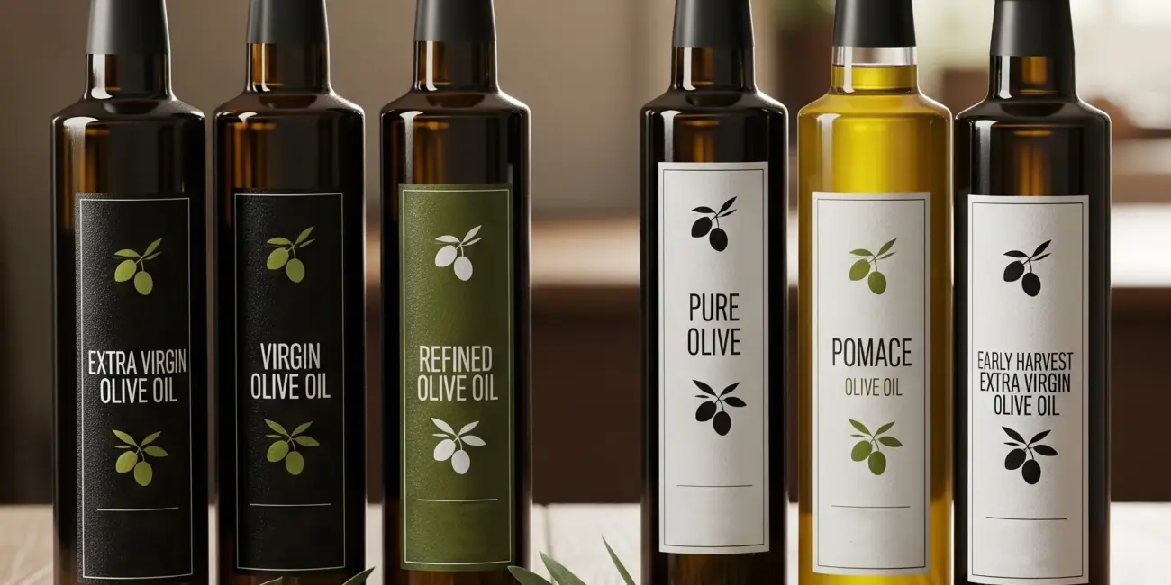 A collection of six dark glass olive oil bottles standing in a row. Each bottle has a white or green label indicating a different type of olive oil: "Extra Virgin Olive Oil," "Virgin Olive Oil," "Refined Olive Oil," "Pure Olive Oil," "Pomace Olive Oil," and "Early Harvest Extra Virgin Olive Oil." Each label also features an olive branch illustration, showcasing various types of olive oil.