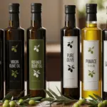 Colección de seis botellas de aceite de oliva de vidrio oscuro colocadas en fila. Cada botella tiene una etiqueta blanca o verde que indica un tipo diferente de aceite de oliva: "Aceite de oliva virgen extra", "Aceite de oliva virgen", "Aceite de oliva refinado", "Aceite de oliva puro", "Aceite de oliva de orujo" y "Aceite de oliva virgen extra de cosecha temprana". Cada etiqueta presenta también una ilustración de una rama de olivo, que muestra distintos tipos de aceite de oliva.