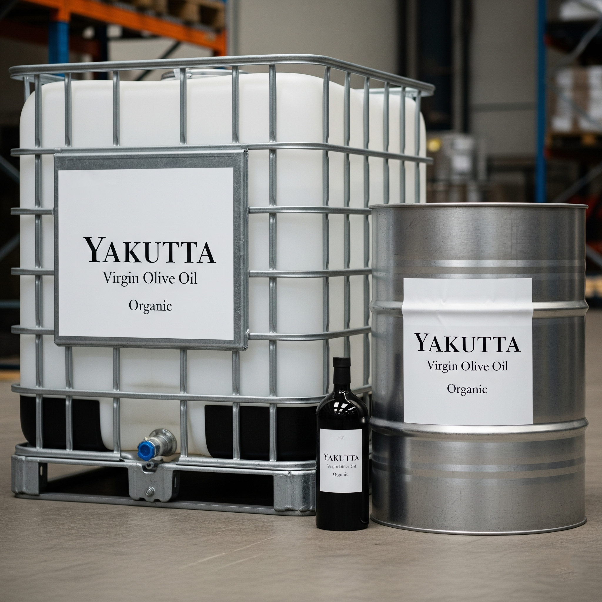 A white industrial IBC and a metal drum, both with labels featuring "YAKUTTA Virgin Olive Oil Organic." A dark glass bottle is partly visible between them. The image highlights the brand's organic virgin olive oil in various packaging types.