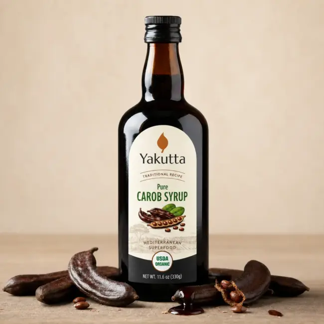carob syrup bottle with carobs