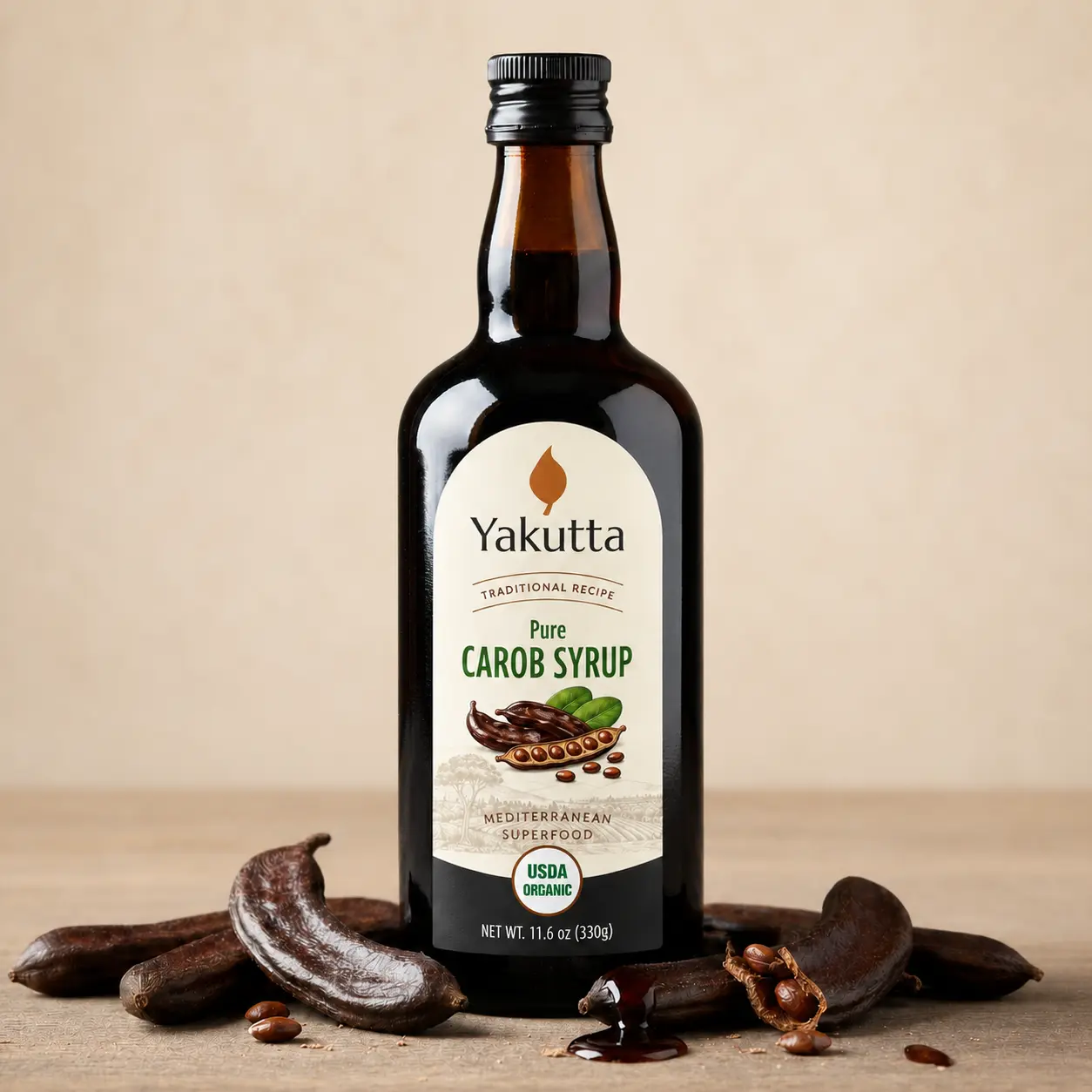 carob syrup bottle with carobs