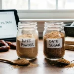 A side-by-side comparison of two glass jars on a wooden table; one labeled "Date Powder" containing fine, light brown powder and the other labeled "Date Sugar" containing coarse, darker granules. Wooden spoons with samples of each sweetener sit in front, with whole dates and a tablet displaying a blog post in the background.