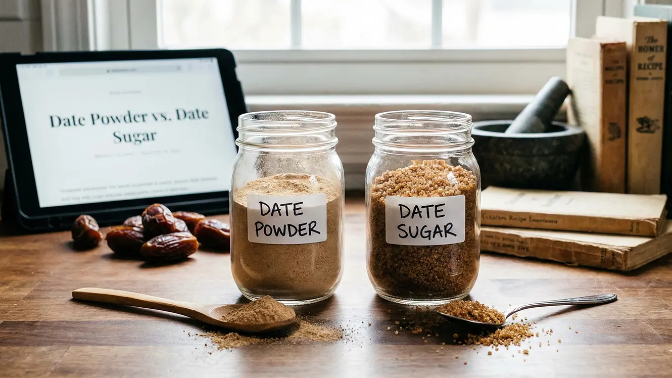 A side-by-side comparison of two glass jars on a wooden table; one labeled "Date Powder" containing fine, light brown powder and the other labeled "Date Sugar" containing coarse, darker granules. Wooden spoons with samples of each sweetener sit in front, with whole dates and a tablet displaying a blog post in the background.