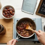 A clear glass bottle being filled with thick, dark brown date syrup, sitting on a rustic wooden countertop surrounded by whole dried dates, a saucepan, and a cheesecloth, illustrating the homemade extraction process.