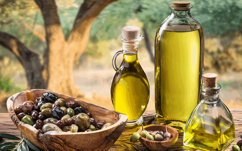 olive oil bottles in olive farm