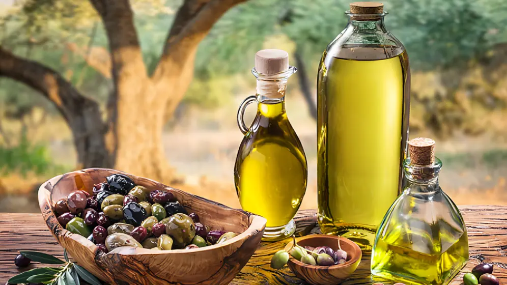 bottiglie di olio d'oliva in un uliveto
